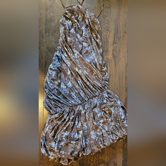 Let Me Be Floral Printed Backless Asymmetrical Bubble Hem Ruched Dress, Blue, S - Picture 7 of 14